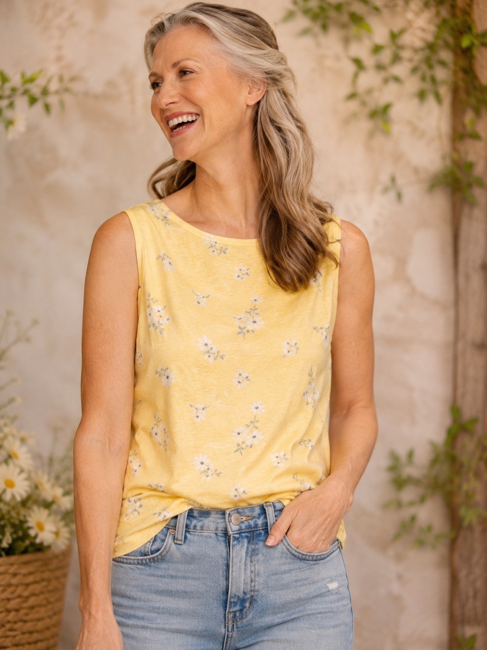 Yellow Floral Cottagecore Tank Soft Girl Spring Sleeveless Top Small